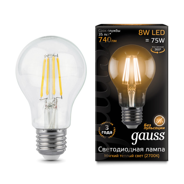 Лампа Gauss LED Filament A60 E27 8W 4100К  (102802108) 