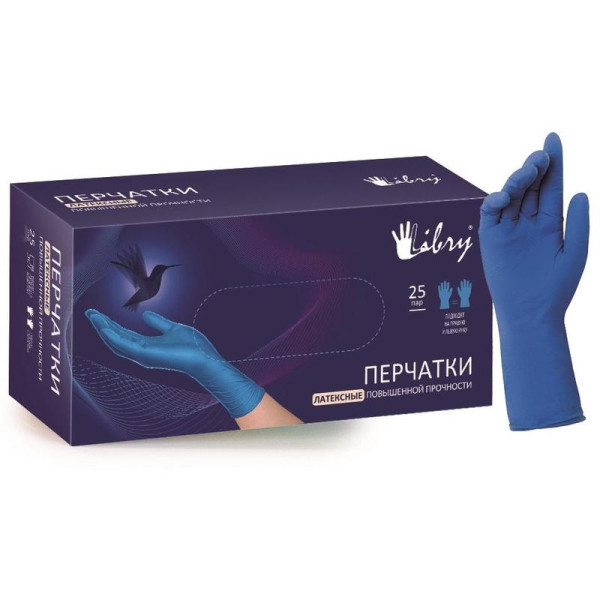 Перчатки латексные ультрапрочные HR,  синие,  размер M,  Libry  (25/250) 